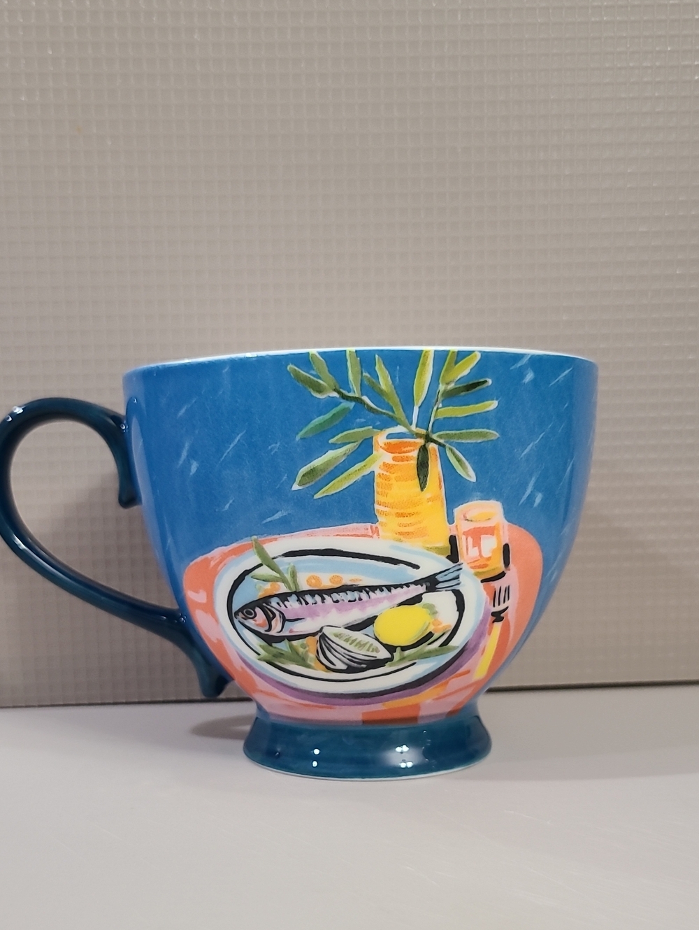 Blue Ceramic Pedestal Footed Mug With Fish Or Sardines Coffe Cup NWOT